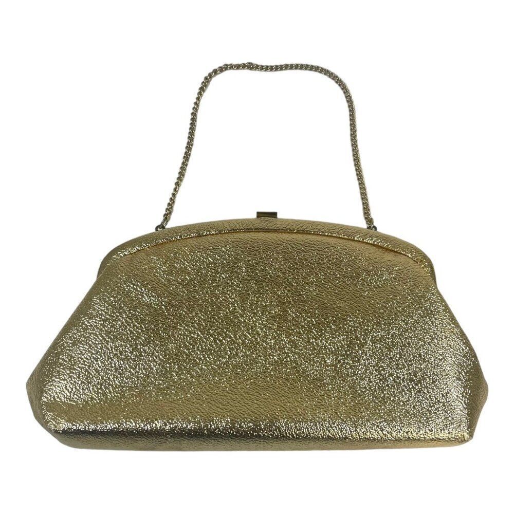 Vintage Gold Clutch Purse Metallic Evening Bag Chain Strap & Snap Closure 10"